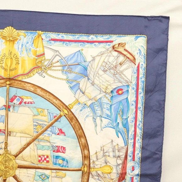 HERMES Carre 90 Scarf ""VIVE LE VENT"" Silk Beige Auth - Picture 5 of 16